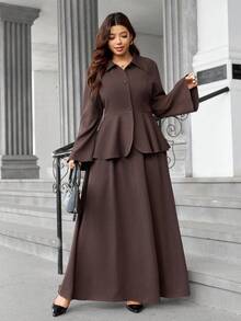 Easura 永不过时：哥特式预科风，融入星期三元素。拥抱你内心的阴影，打造暗黑女性时尚。大码优雅束腰上衣和中长裙套装 - 棕色 - 查看 3