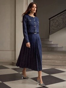 ZEYLAH Women's Elegant Chain Decor Jacket - Navy Blue - View 6