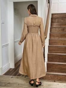 LanaWest Women's Khaki Flowy Fabric Collared Button-Up Shirt With Ruffled Chest Detail, A-Line Loose Hem, Western/Boho Vibe, Suitable For Thanksgiving, Halloween, Streetwear, Essential Autumn Fashion Piece, Long Sleeve Dress - Khaki - View 2