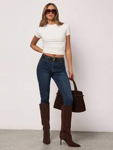 SHEIN BAE 女士休闲通勤简约纯色高腰紧身牛仔裤，不含腰带