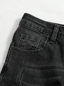 SHEIN 青少年男孩时尚休闲 Y2K 复古酷蓝可水洗设计舒适弹力修身牛仔裤柔软日常穿着，适合春夏秋季锐舞音乐节和海滩街头服饰，校园街头风牛仔裤，男童黑色牛仔裤 - 黑色 - 查看 4