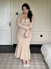 Flirla Sexy V-Neck Twist Knit Bodycon Dress, Autumn/Winter - Apricot - View 4