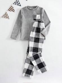 Genkimix Kids 男童拼色格子口袋长袖睡衣套装，秋冬