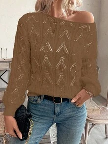 SHEIN LUNE كنزة صوفية كاجوال بأكتاف مكشوفة بنمط زهري مفرغ بقصة فضفاضة - بني - مشاهدة 6