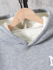 SHEIN 秋冬款男童保暖基本款加厚印花口袋连帽衫和运动裤套装 - 灰色 - 查看 6