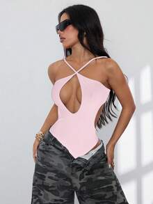 Flirla Petite Bộ đồ liền thân hở vai chéo dành cho kỳ nghỉ hè trên bãi biển dành cho nữ - Hồng - Xem 6