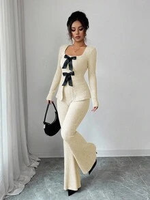 Elenzga 女士优雅云朵绒罗纹蝴蝶结领长袖收腰上衣和喇叭裤两件套 - 杏色 - 查看 6