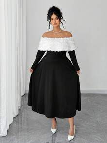 Elenzga Gaun Wanita Ukuran Besar dengan Motif Bunga 3D Blok Warna - Hitam dan Putih - View 7