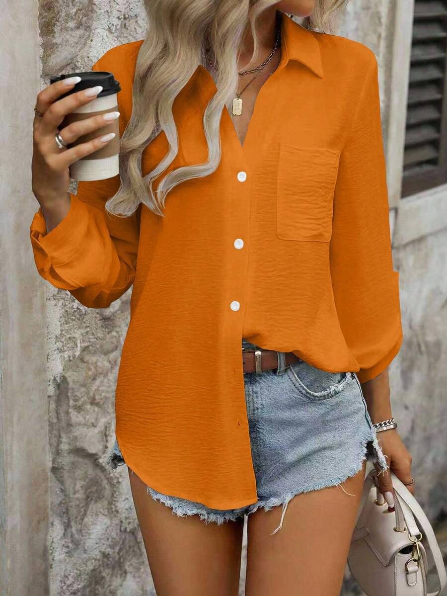 EMERY ROSE Camisa minimalista de manga larga con botones y bolsillo, de unicolor y casual