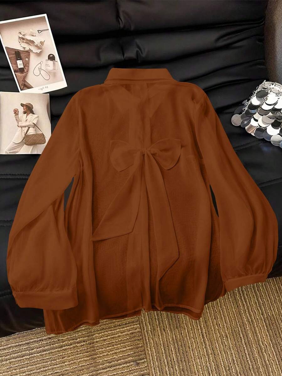 SHEIN Clasi 休闲白色透明衬衫,带蝴蝶结装饰 - 紫紅色 - 查看 1