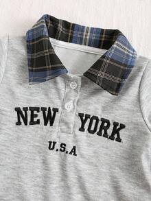 SHEIN 女婴四季字母印花 Polo 领长袖运动衫和格子裙套装，修身休闲运动服 - 灰色 - 查看 3