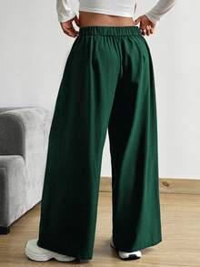 POPSWAY Plus Size Women's Solid Color Pleated Loose Wide Leg Pants - Dark Green - View 2