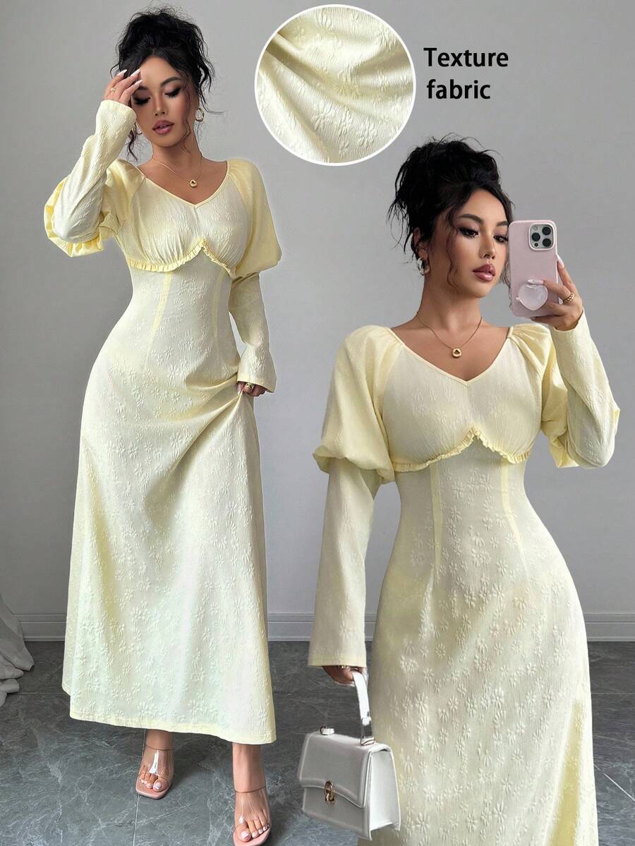 SHEIN Unity Women's Pale Yellow Autumn Elegant Brunch Dress,Round Neck Puff Sleeve Natural Waistline A-Line Pleated Solid Ankle-Length Sweet Retro Urban Dress - Light Yellow - View 1