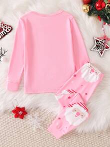 2件套女童粉色圣诞老人图案长袖长裤修身舒适睡衣套装，圣诞服装 - 粉色 - 查看 2