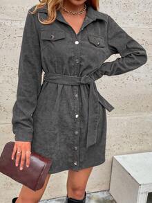 EMERY ROSE Women's Casual Solid Color Waist Tie Long Sleeve Dress - Dark Grey - View 5