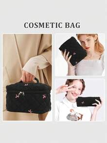 SHEIN Túi đựng mỹ phẩm du lịch, túi đựng đồ vệ sinh cá nhân có khóa kéo, thêu nơ, chần bông, chống thấm nước, nhẹ, dùng để sắp xếp đồ trang điểm, dung tích lớn, tiện dụng cho phụ nữ đi nghỉ mát, đồ dùng cần thiết trong phòng tắm. - màu đen - Xem 8