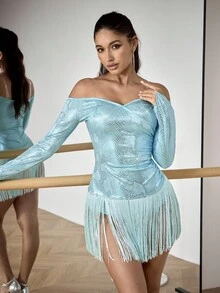 Menodora SHEIN Sport 女士优雅露肩拉丁舞裙，蓝色 - 淺藍色 - 查看 3