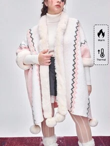 ROMWE Kawaii Áo len Poncho họa tiết sọc hình học cổ điển thường ngày Fair Isle cỡ lớn mùa thu/đông, Áo len dệt kim Poncho lông mịn Fair Isle cỡ lớn mùa thu/đông cho nữ, Áo khoác ngoài cỡ lớn mùa thu/đông cho nữ - Nhiều màu - Xem 2