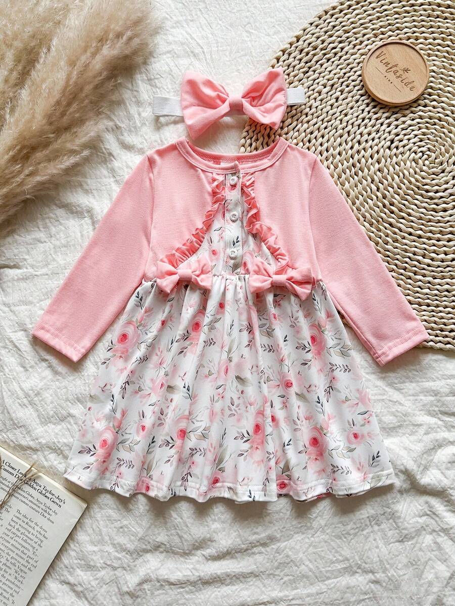 SHEIN Baby Girls' Pink Floral Print Dress With Matching Headband, Cute Design, Comfortable & Stylish For Everyday Wear, Autumn