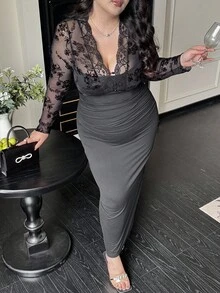 Flirla Plus Size Women's Black Long Sleeve Sexy Sheer Lace Bodycon Dress Wedding Guest Wednesday Addams - Black - View 7