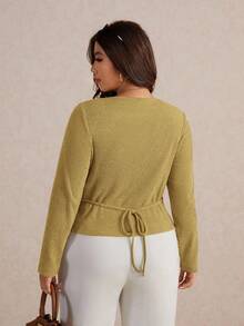 Elaquor Plus Size Women Casual Basic Versatile Urban Chic Metal Buckle Decor Elastic Ribbed V-Neck Solid Color Long Sleeve T-Shirt, Autumn - Yellow - View 2