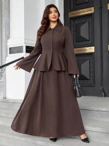 Easura 永不过时：哥特式预科风，融入星期三元素。拥抱你内心的阴影，打造暗黑女性时尚。大码优雅束腰上衣和中长裙套装 - 棕色 - 查看 6