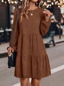 SHEIN LUNE Váy tay đèn lồng màu trơn đơn giản, mùa thu - Rỉ Nâu - Xem 4