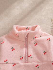 Souflis Souflis Baby Girl Pink Cherry Print Fleece Half Zip Sweatshirt Pants Set, Infant Fall Winter 2Pcs Outfit, Toddler Cute Cozy Clothes - Pink - View 8