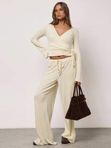 SHEIN BAE Lässige, lockere und weit geschnittene Hose aus Kaschmirstrick für Damen mit Kordelzug in der Taille, einfarbig in Gelb, vielseitig einsetzbar, geeignet für den täglichen Weg zur Arbeit, die Freizeit zu Hause, zum Ausgehen, die tägliche Freizeit und die Winterhose mit weitem Bein