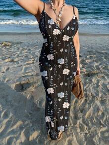 Veykashi Vibrant Watercolor Floral Print Plus Size Dress, Suitable For Parties - Multicolor - View 3