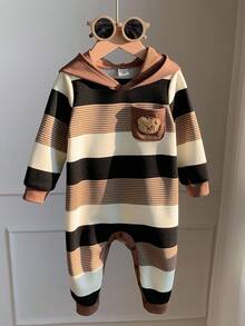 SHEIN 新生儿男女通用卡其色条纹卡通熊连帽连体衣，秋冬季婴儿服装，男婴服装，棕色摩卡色婴儿服装，秋冬季婴儿服装 - 彩色 - 查看 5