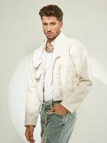 FeverCity Men's Solid Color Fashionable Drop Shoulder Casual Jacket, For Fall Winter - Apricot - View 6