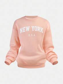 SHEIN 2 件套青少年女孩休闲字母印花宽松圆领运动衫和运动裤套装 - 淺粉色 - 查看 12