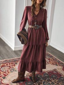 LanaWest 女式秋季波西米亚休闲度假风格锈棕色设计V领长袖拼布连衣裙 - 中紫紅色 - 查看 3