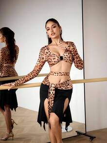 Menodora SHEIN Sport Women's Fashionable Sexy Leopard Hollow-Out Latin Dance Outfit - Brown - View 6