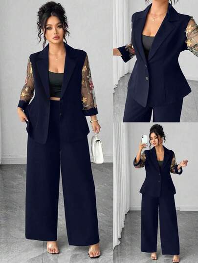 Elenzga 加大码刺绣修身夹克，单排扣，七分袖，收腰，搭配同款裤子，通勤时尚西装套装