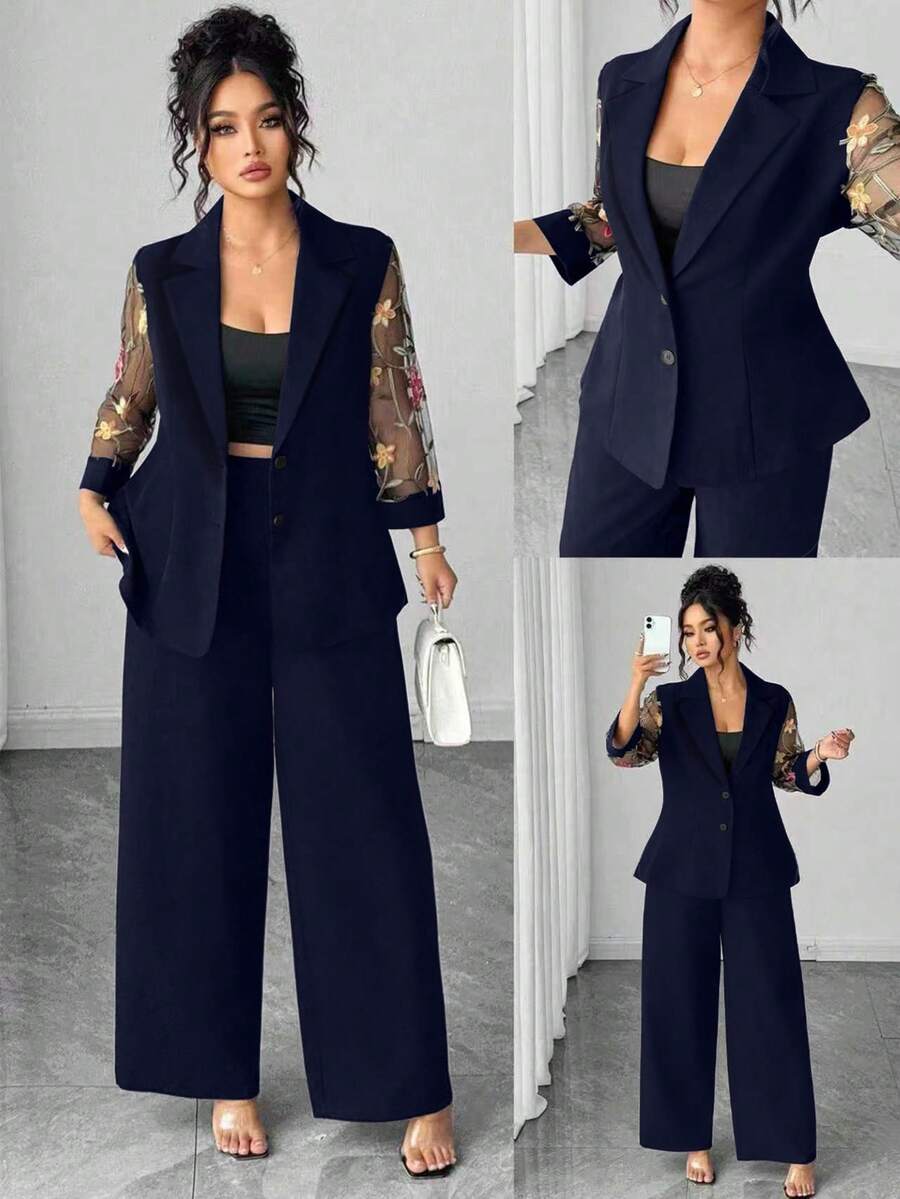 Elenzga Bộ vest thêu may đo cỡ lớn, cài một hàng khuy, tay áo 3/4, thắt eo, quần đồng bộ, bộ vest sang trọng khi đi làm - Màu xanh hải quân - Xem 1