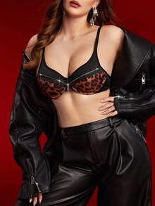 EmpressEnvy Y2K Style Underwire Padded Bra, Lift & Enhance, Zipper, Contrast Color, High Support, Shiny, Leopard Print, Wild Charm Women's Lingerie Bra - Mocha Brown - View 5