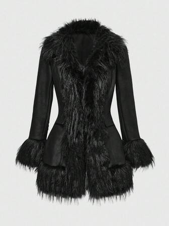Grunge Punk Y2K Retro Sexy Faux Fur & Suede Patchwork Mid-Length Jacket For Women