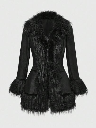 Grunge Punk Y2K Retro Sexy Faux Fur & Suede Patchwork Mid-Length Jacket For Women