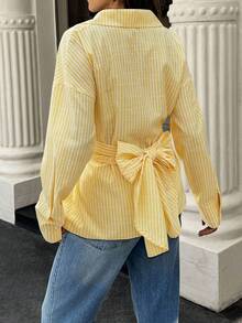 SHEIN LUNE Chemisier rayé à manches longues et ourlet asymétrique pour femme, col à revers à la mode - Jaune citron - Voir 2
