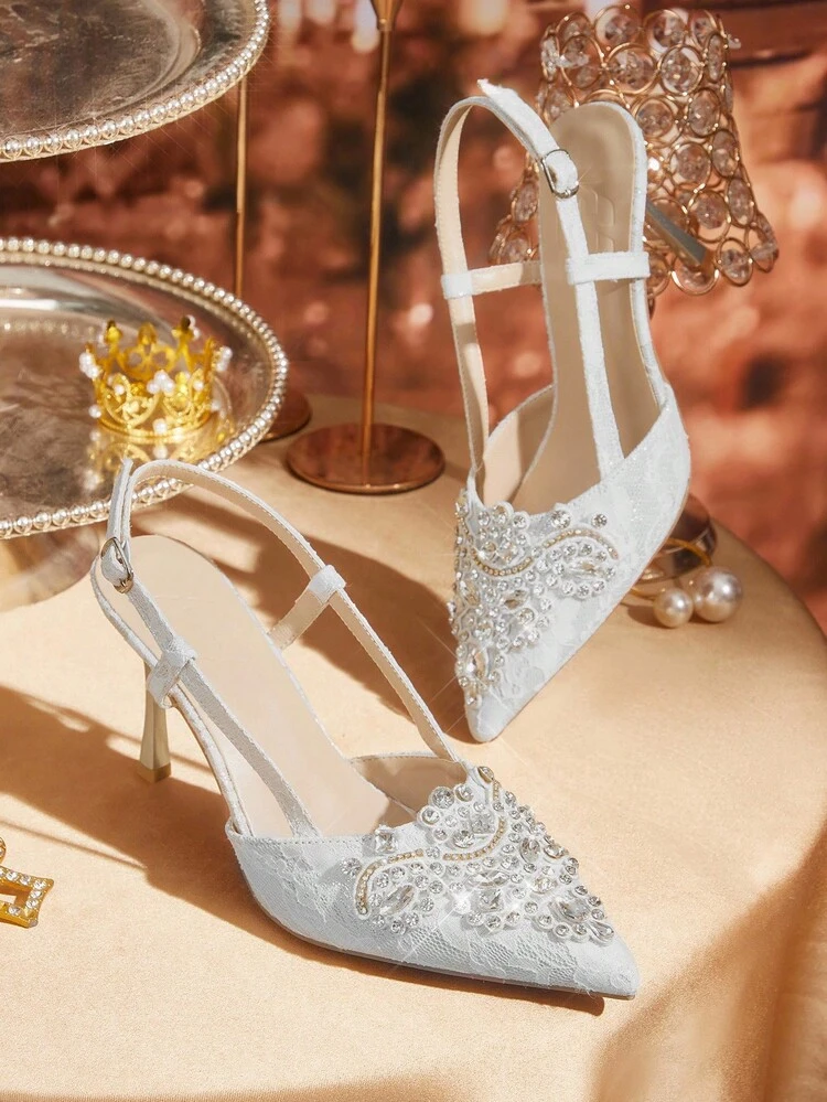 CUCCOO TILAWA Women's Fashion Pointed Toe Metal Embossed Rhinestone Crown Flower Formal Party Wedding Stiletto High Heel Pumps