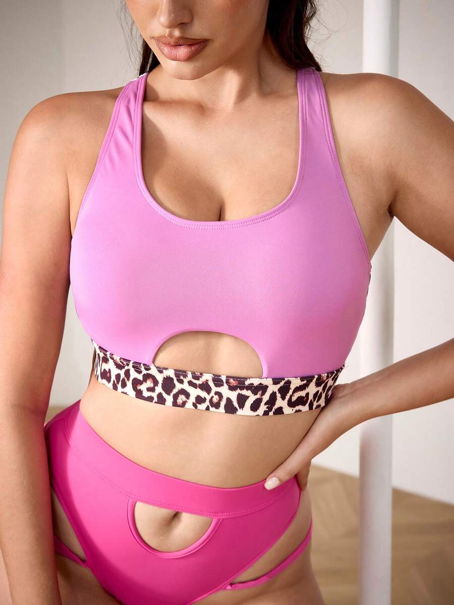 Menodora SHEIN Sport Women's Fashion Leopard Print Hollow-Out Racerback Sports Bra