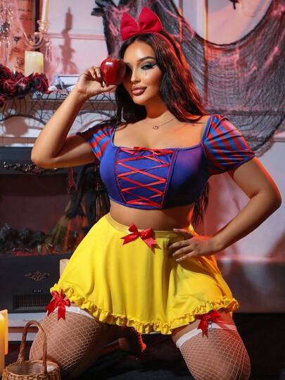 Fantasy Costume Plus Size Women's Sexy Costume Set: Tie-Up Short Sleeve Top, Ruffle Hem Mini Skirt, G-String, And Fishnet Stockings (5 Pieces), Halloween