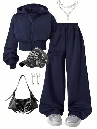 SHEIN Sparklyn 2 件套女童花卉灰色腰部抽绳羊毛运动衫和宽松长裤休闲运动装，秋冬