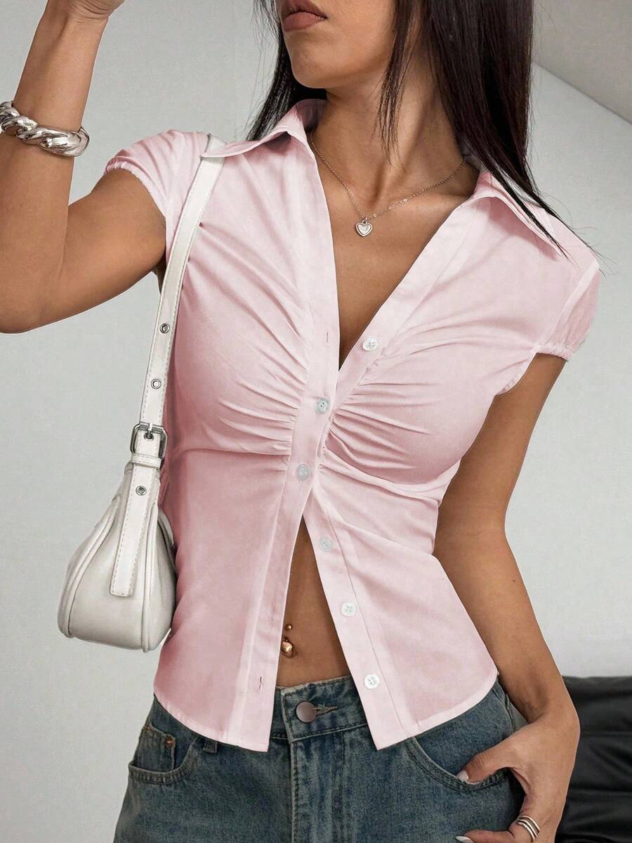 Flirla Petite Camisa de Manga Curta com Botões e Pregas, Cor Sólida Simples Casual Feminina, Verão - Rosa chiclete - Visão 1
