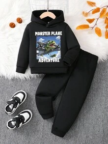 Set de 2 piezas de sudadera con capucha y pantalones con estampado de dibujos animados de monstruo, cocodrilo y avión para niño pequeño, para otoño/invierno - Negro - Ver 3