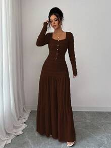 Selianne 女式粉色纹理面料休闲度假风格长袖方领纽扣上衣搭配拼接喇叭长裙两件套，秋季 - 咖啡棕 - 查看 3