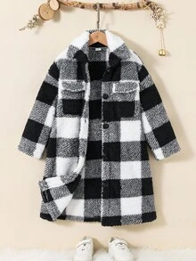 SHEIN 女童黑白格子休闲珊瑚绒长袖外套，适合秋冬季节，长款毛绒外套 - 黑與白 - 查看 6