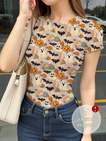 INAWLY 万圣节蜘蛛与黑猫图案印花修身女式短袖圆领T恤